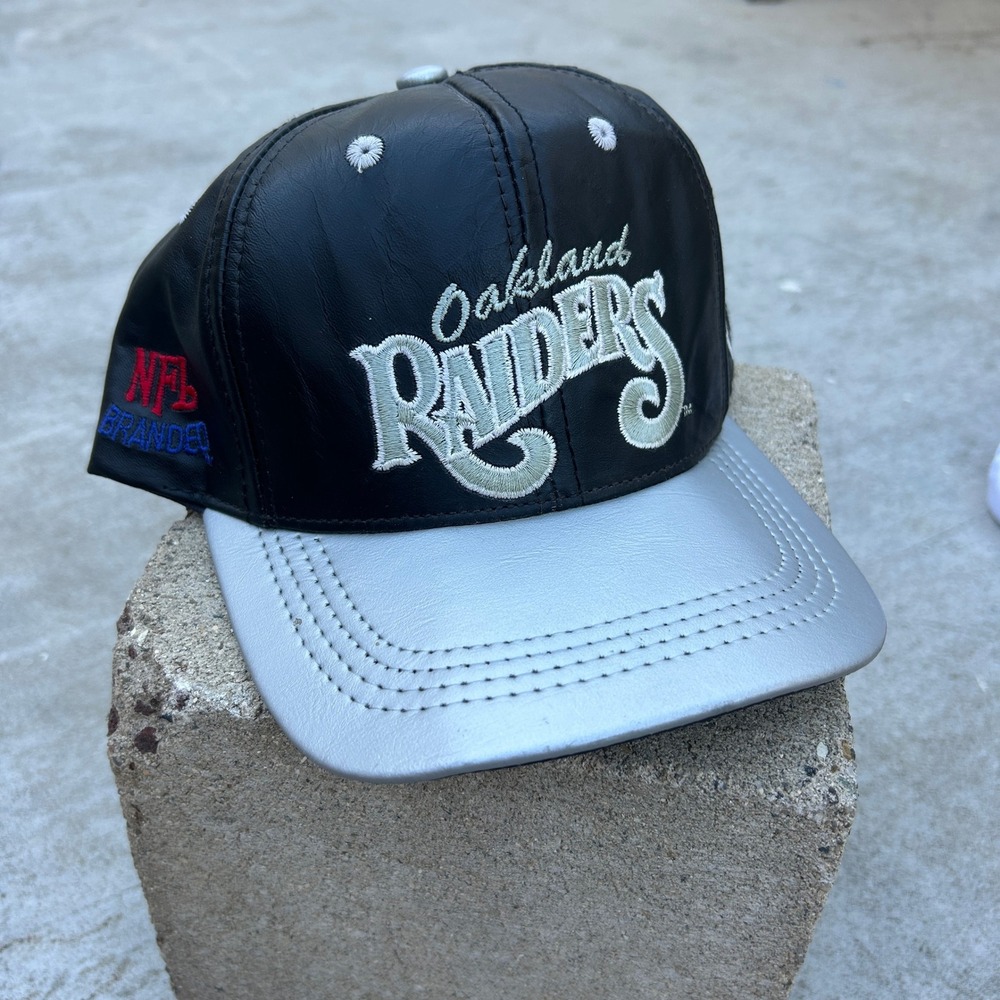Vintage Oakland Raiders Hat Snapback Black Silver Leather Made in USA NFL